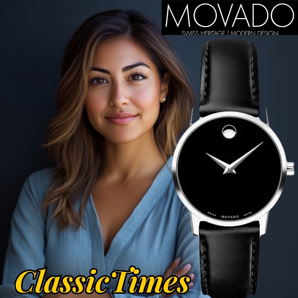 Movado Black and Silver Watch with Elegant Minimalist Design